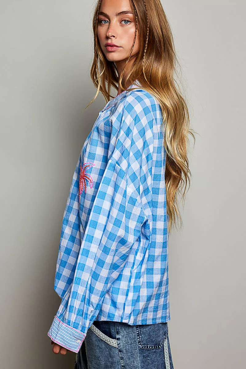 POL Gingham Embroidered Palm Tree Blouse, image 2
