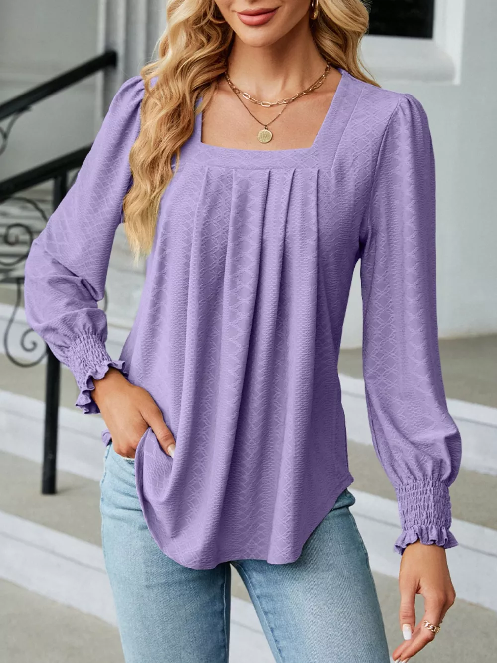 Pleated Square Neck Long Sleeve Top, image 22