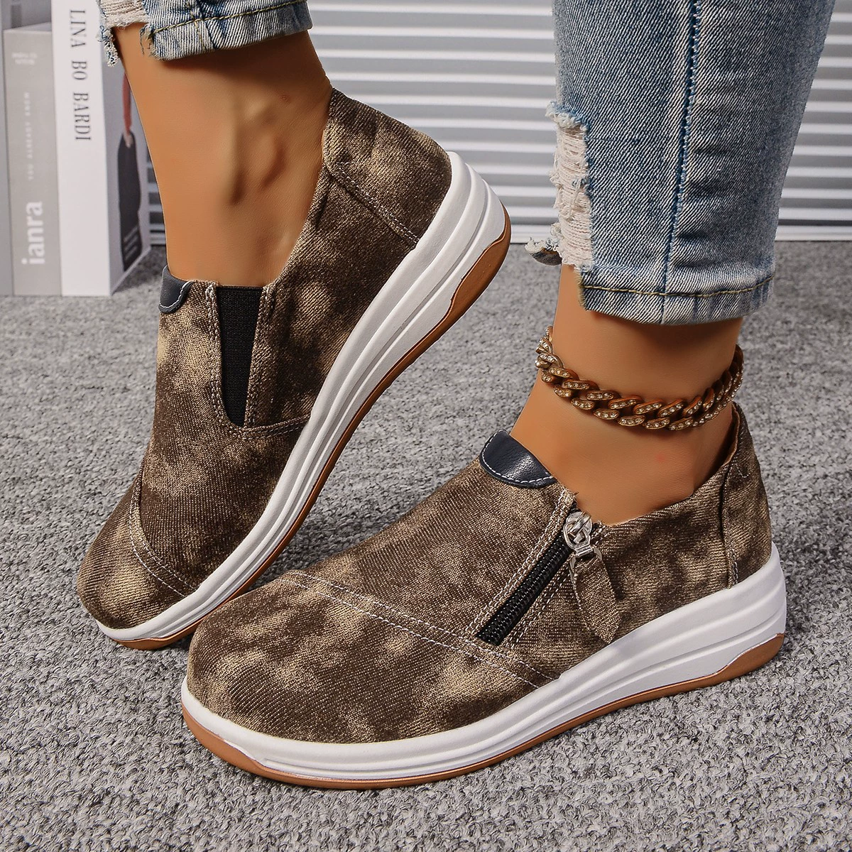 Zip Detail Round Toe Slip-Ons, image 4