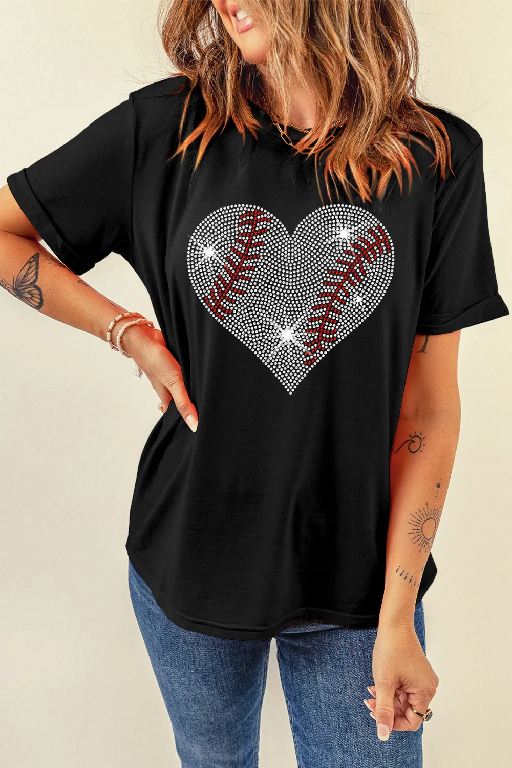 Rhinestone Heart Round Neck Short Sleeve T-Shirt, image 3