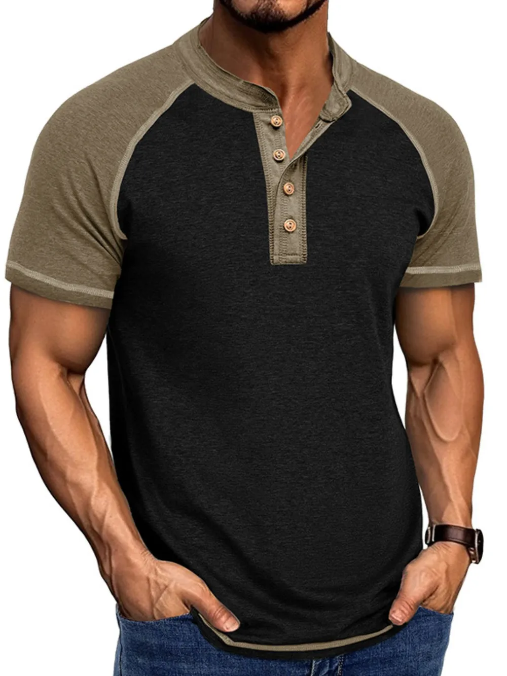 Men's Raglan Henley Color Block T-Shirt, image 8