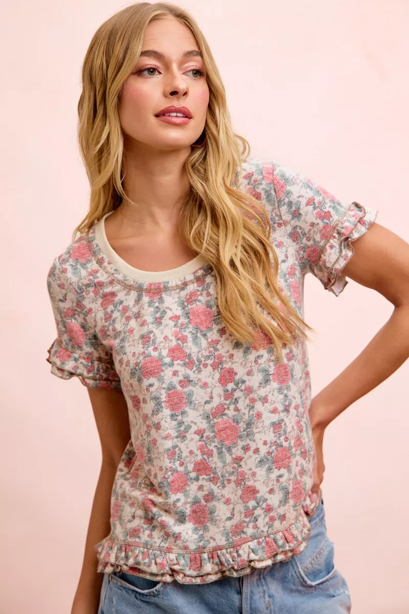 BiBi Rose Printed Slub Knit Ruffled Sleeves Top, image 8