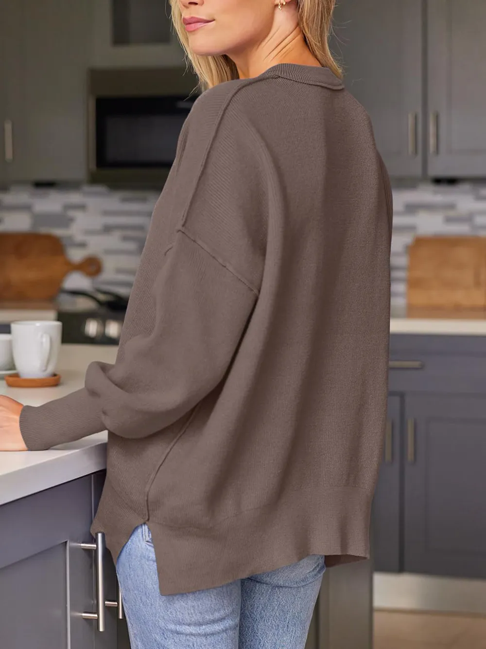Slit Round Neck Dropped Shoulder Sweater, image 3