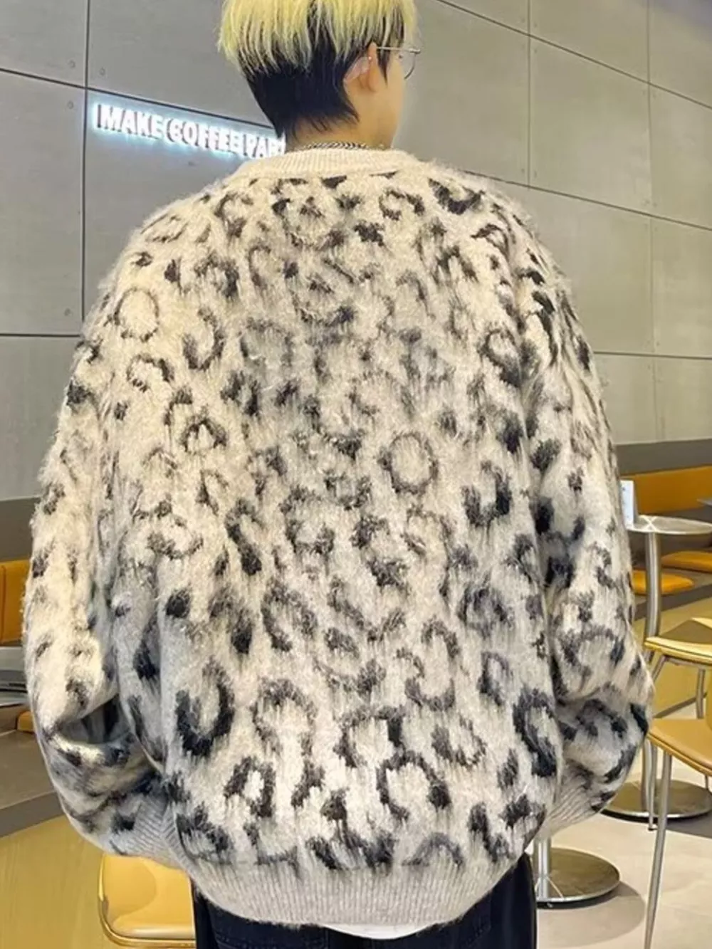 Men's Leopard Print Fuzzy Knit Pullover, image 3