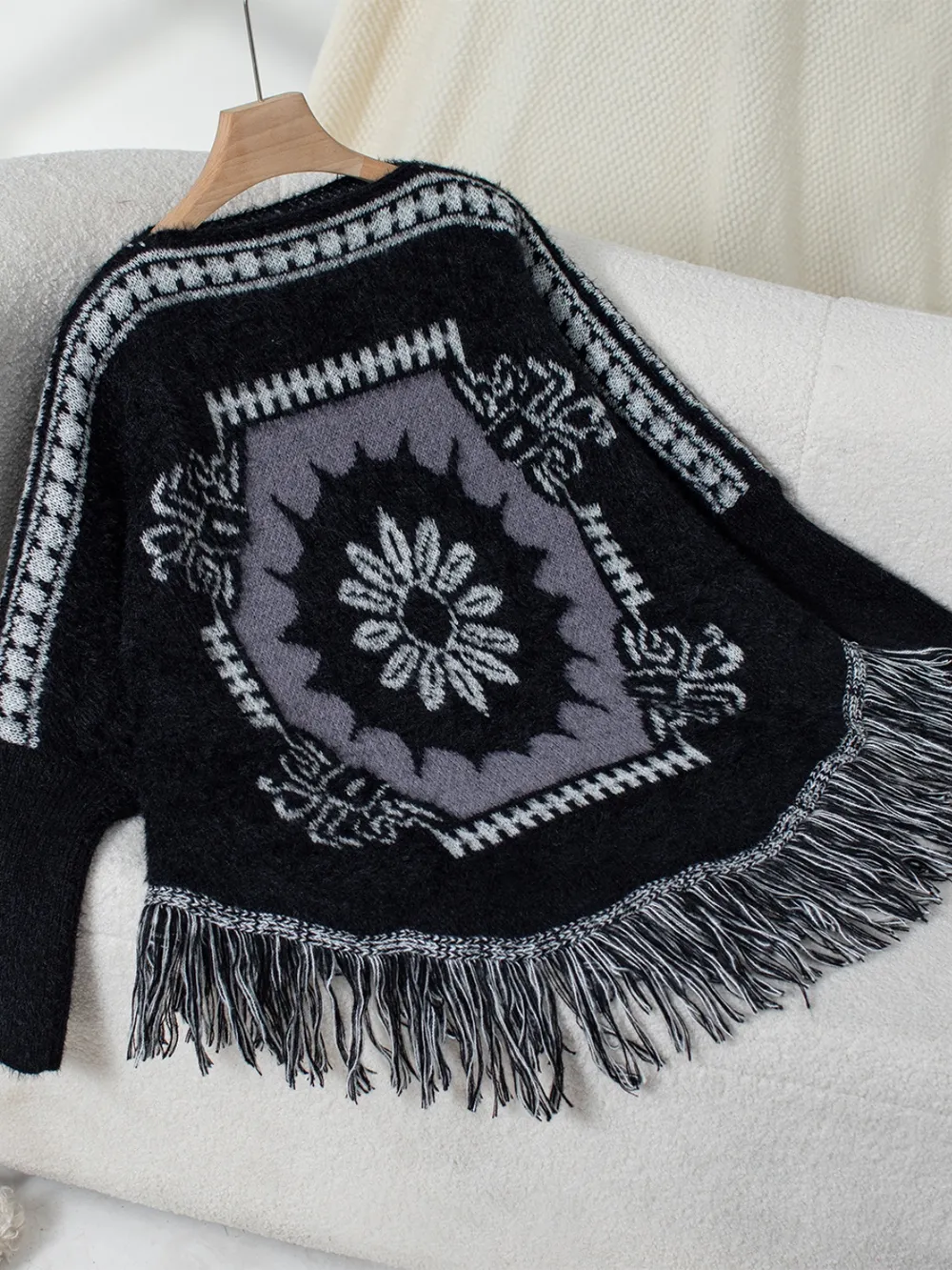 Fringe Geometric Long Sleeve Poncho, image 6