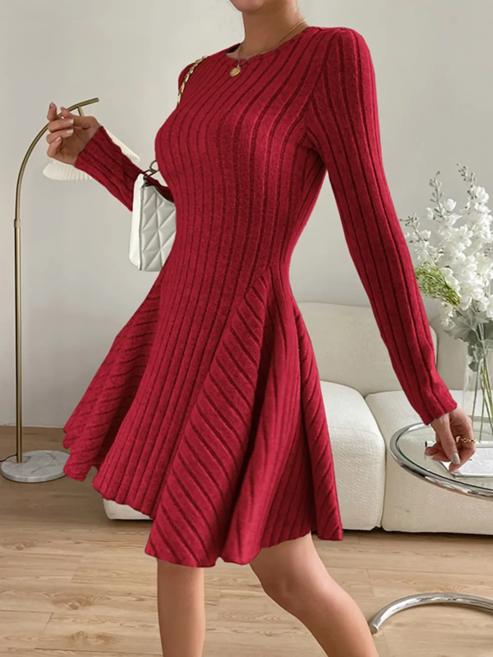 Ribbed Round Neck Long Sleeve Dress, image 6