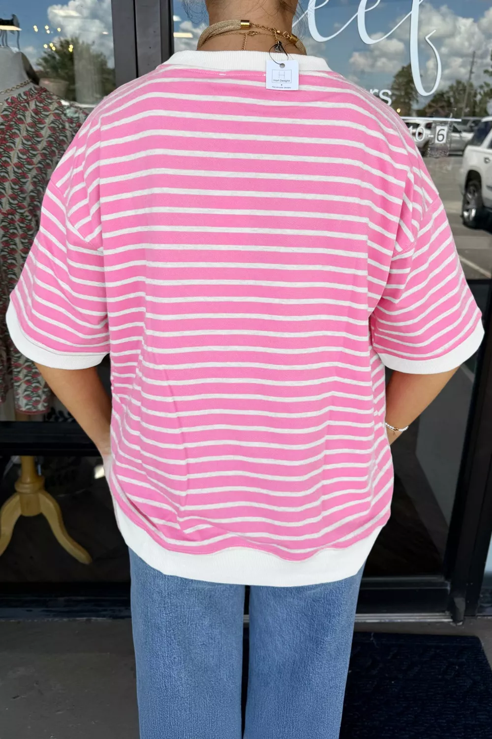 Stripe Round Neck Drop Shoulder Short Sleeve Loose Top, image 2