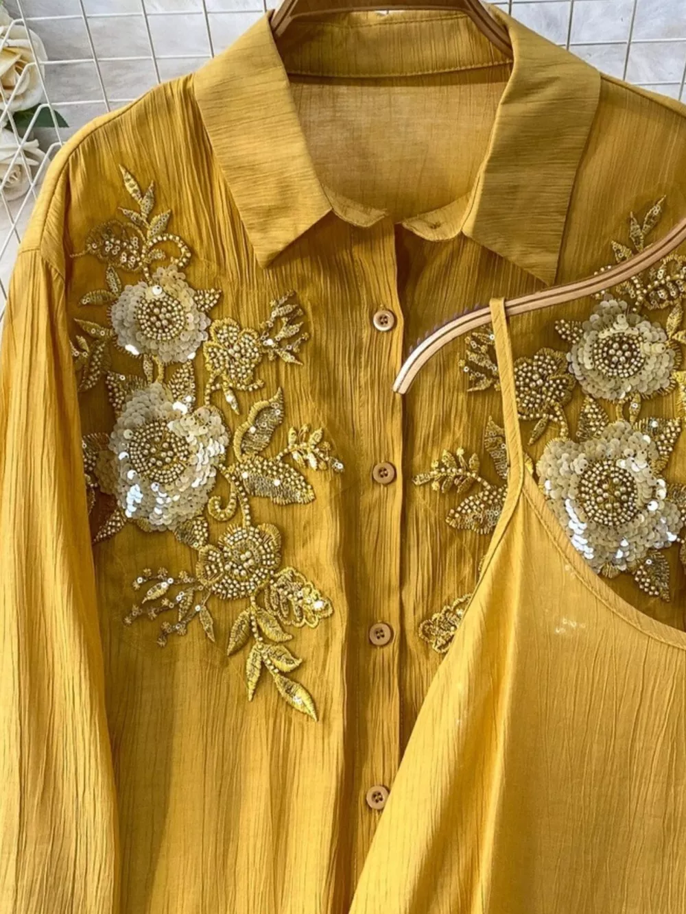 Sequin Flower Button Up Shirt and Cami Dress Set, image 15