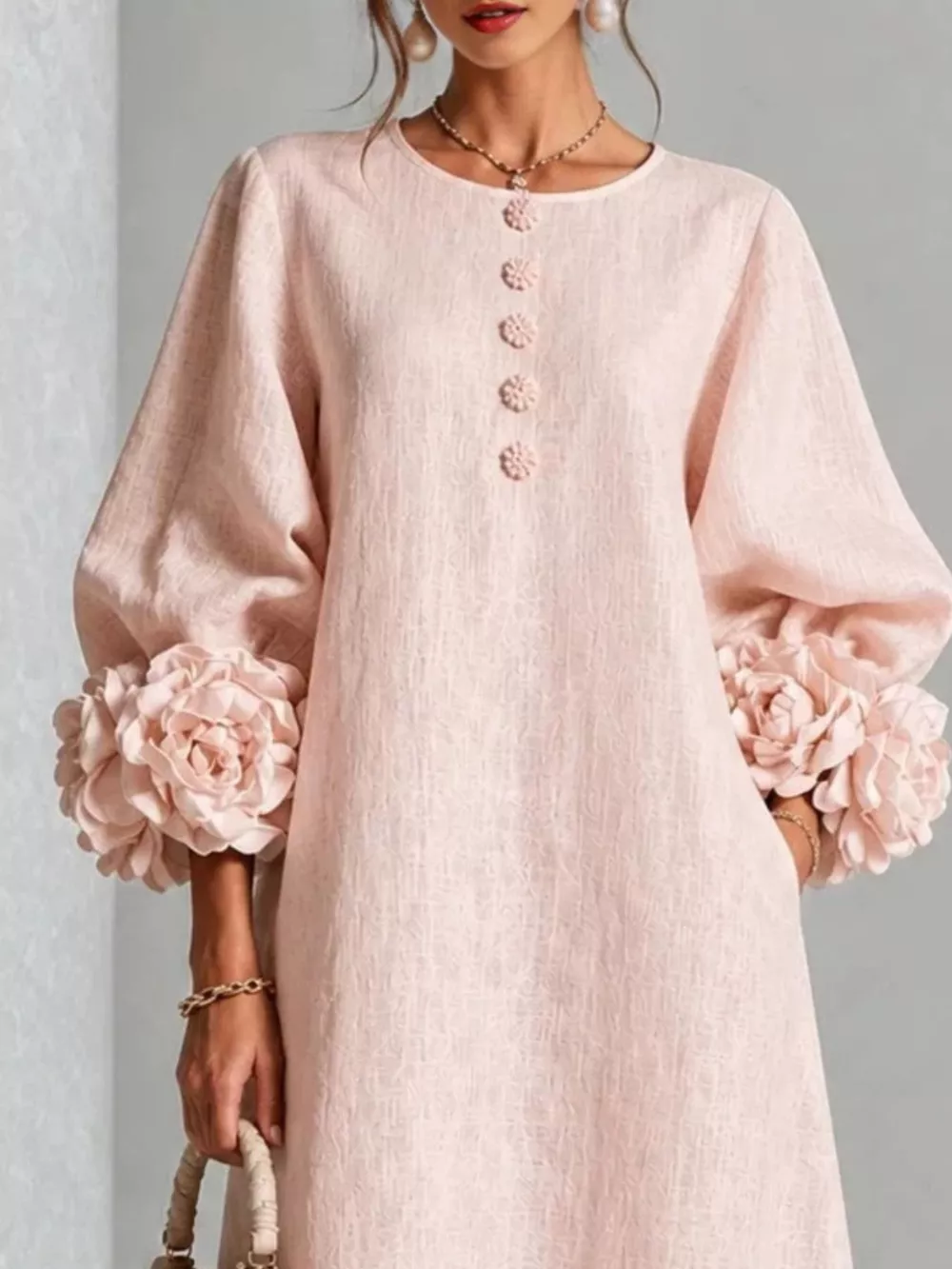 3D Floral Round Neck Midi Dress, image 4