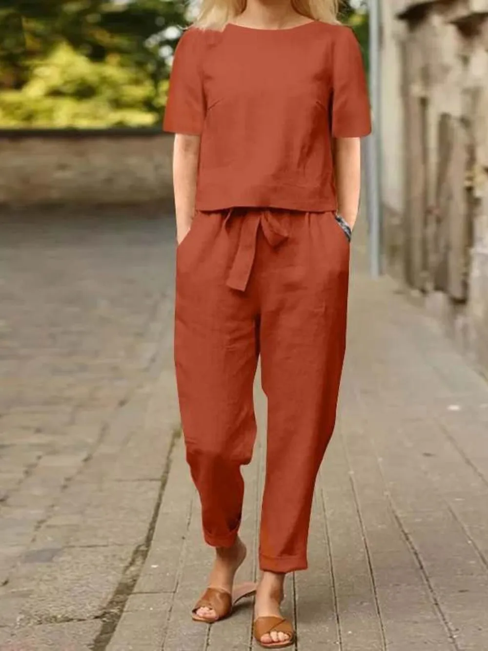 Full Size Round Neck Short Sleeve Top and Pants Set Plus Size, image 4