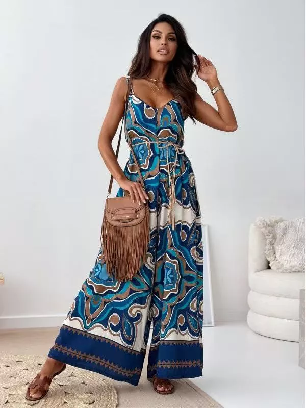 Printed Spaghetti Strap Wide-Leg Jumpsuit, image 9