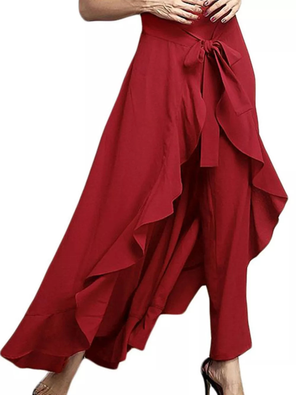Full Size High-Waisted Tie-Front Ruffled Wide-Leg Pants Plus Size, image 5