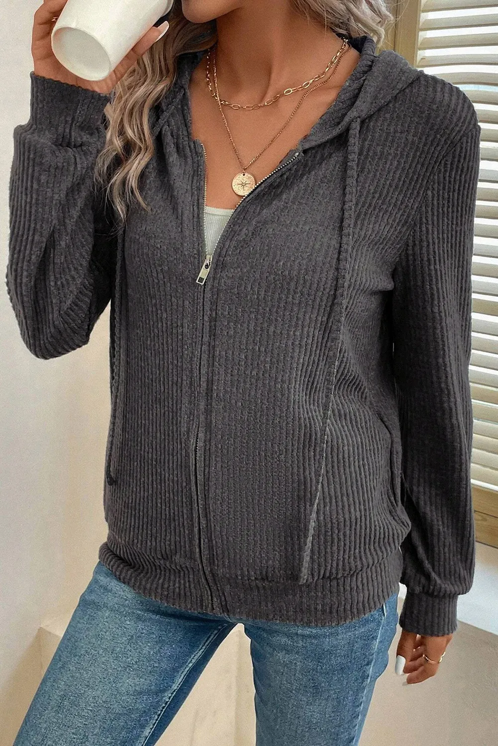 Drawstring Zip Up Long Sleeve Hooded Jacket, image 2