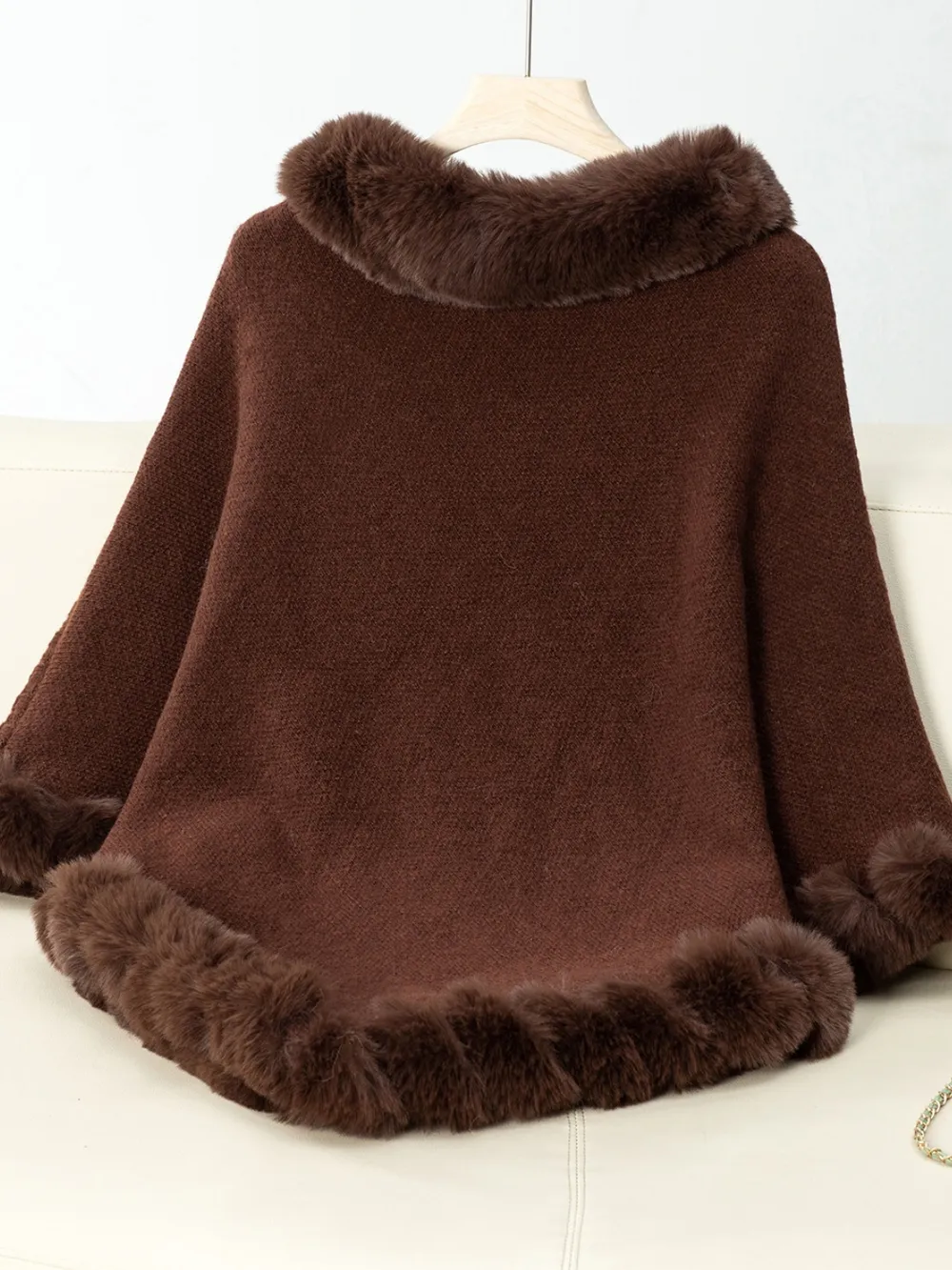 Fuzzy Trim Texture Three-Quarter Sleeve Poncho, image 14
