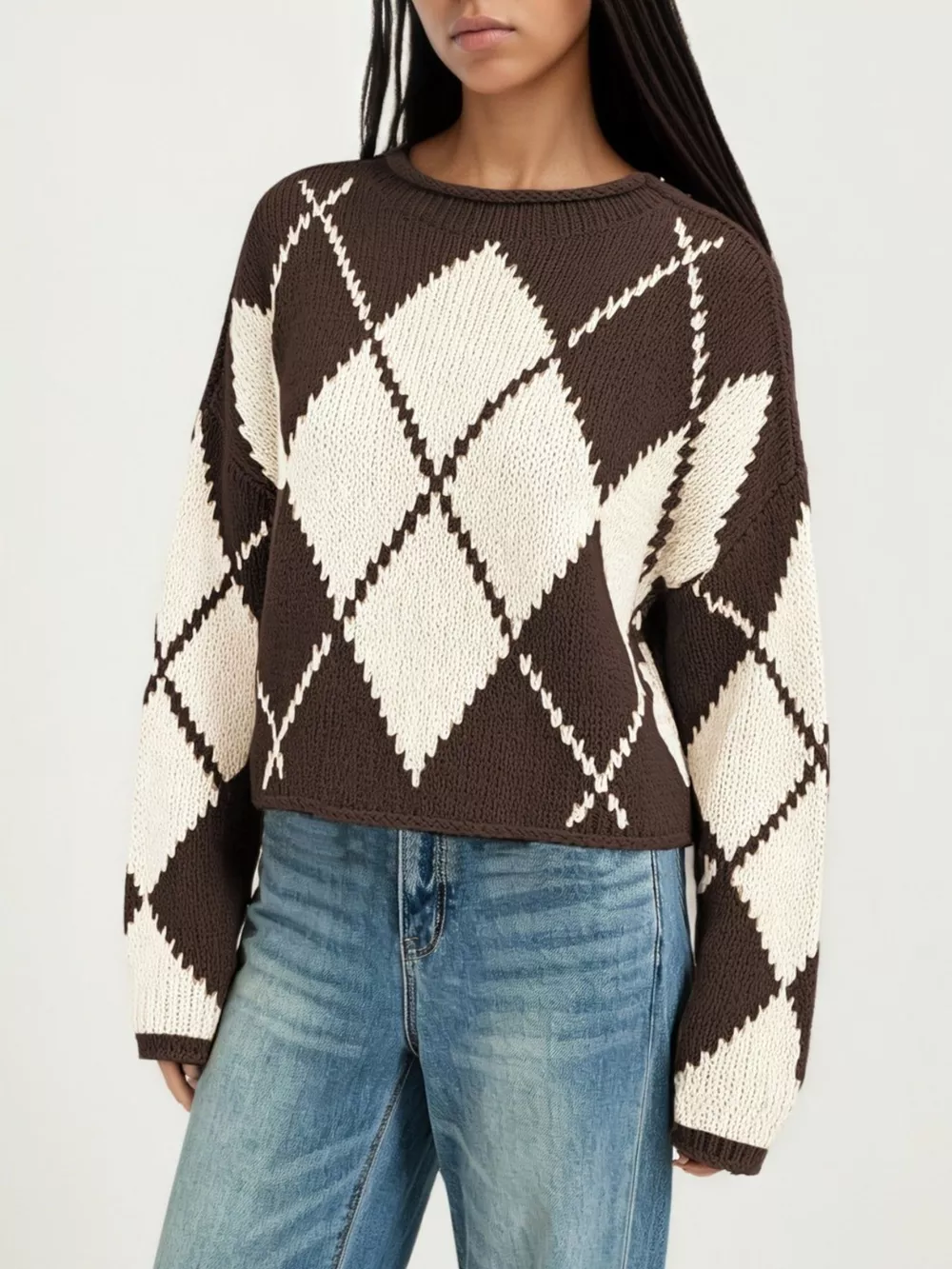 Argyle Pattern Knit Dropped Shoulder Sweater, image 7