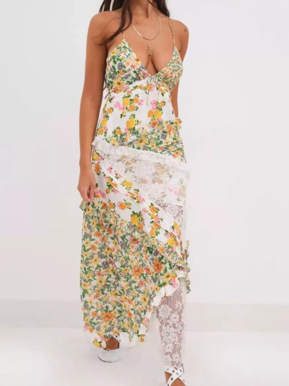 Lace Detail Ruffled Floral V-Neck Maxi Dress, image 5