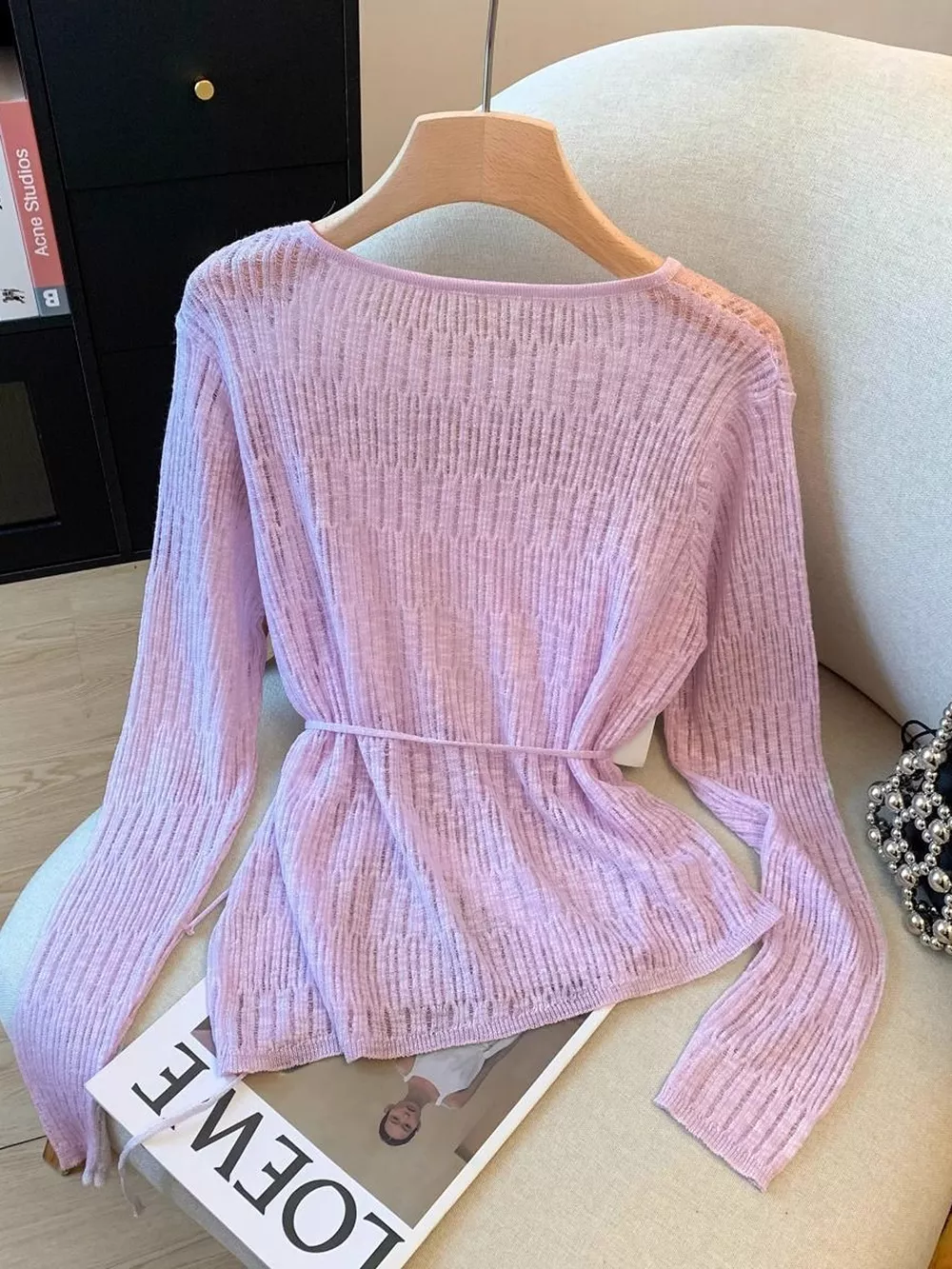 Long Sleeve Knit Top with Tie Detail, image 2