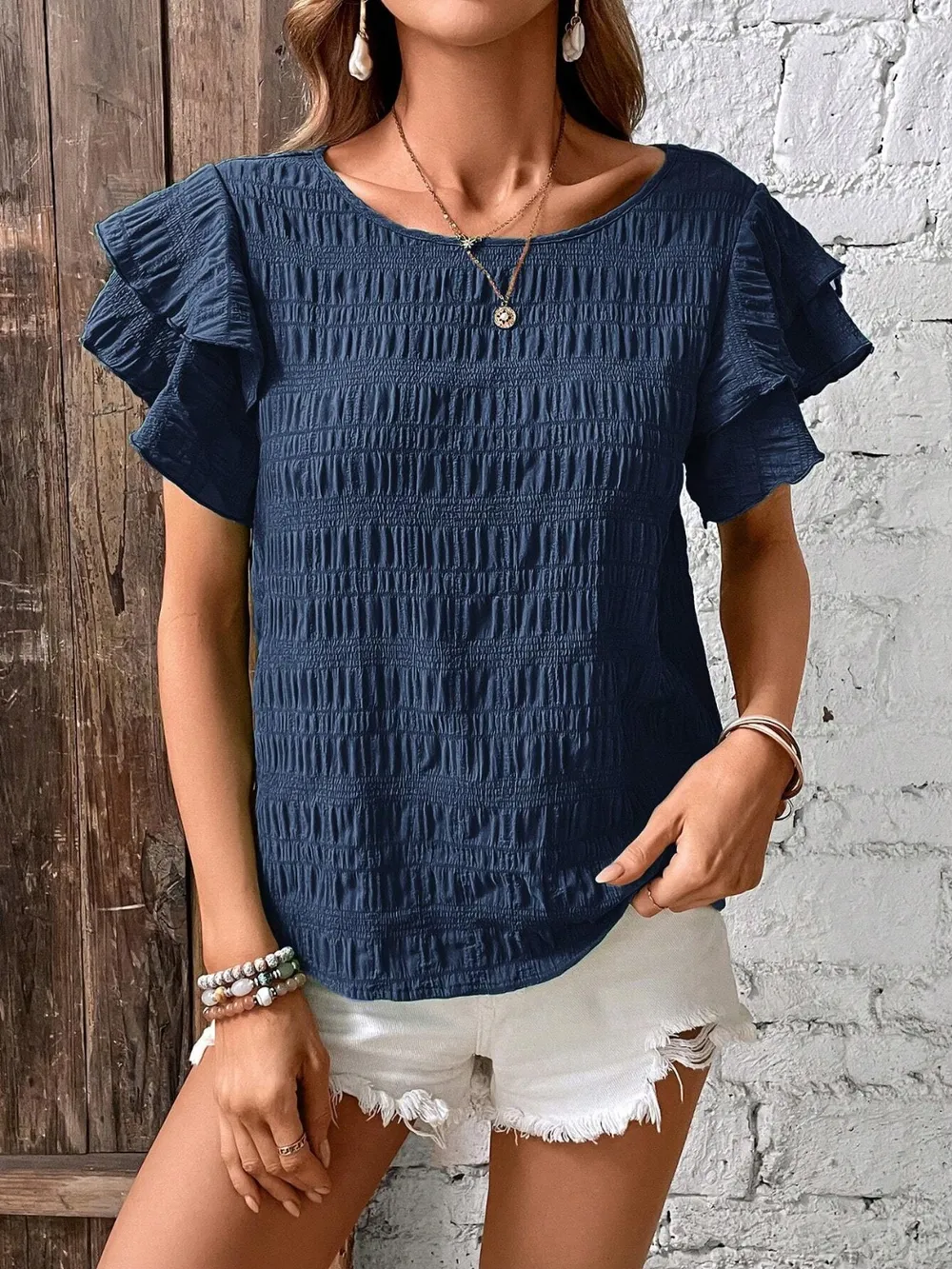 Round Neck Flounce Sleeve Blouse, image 6