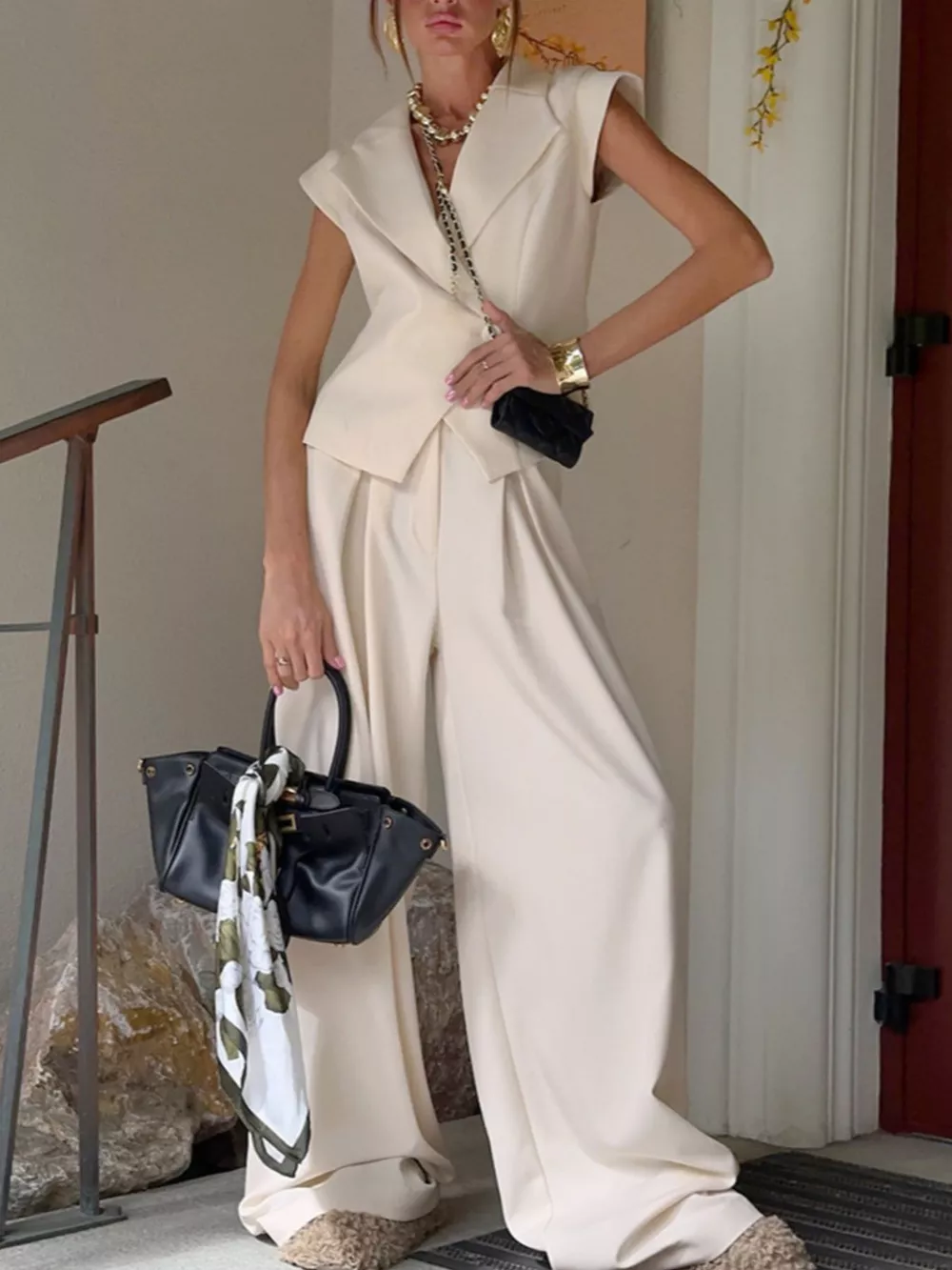One Button Blazer & Wide Leg Pants Set, image 2