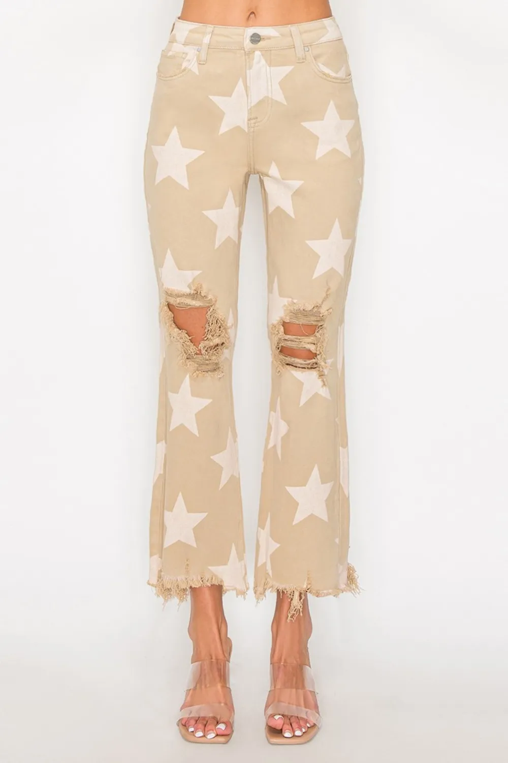 Full Size High Rise Star Printed Frayed Hem Jeans, image 2