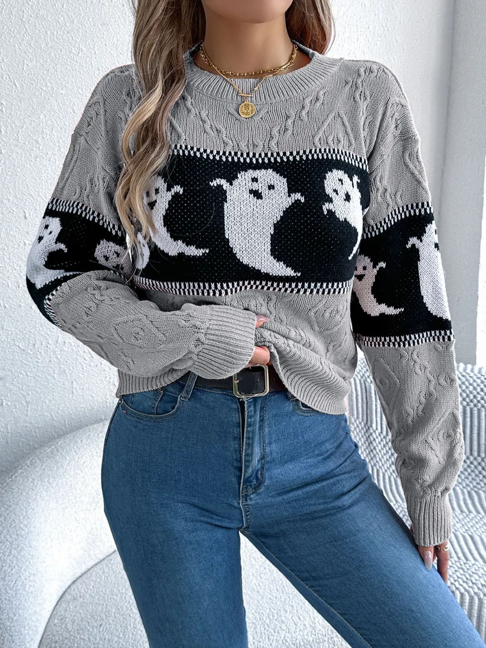 Ghost Round Neck Long Sleeve Sweater, image 12