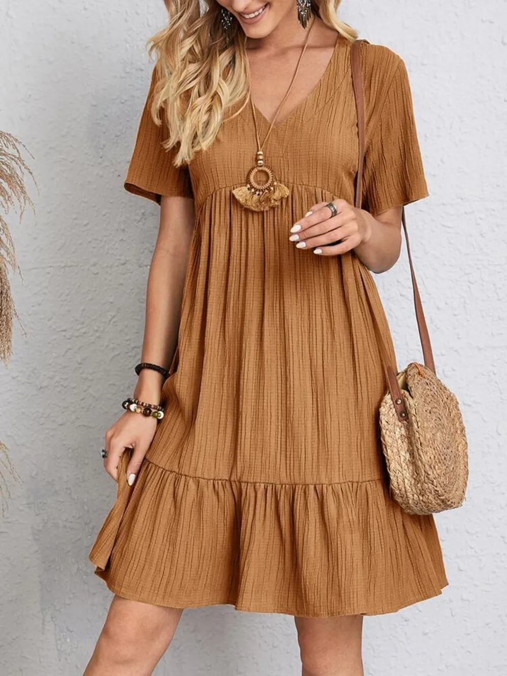 Full Size V-Neck Short Sleeve Dress, image 2