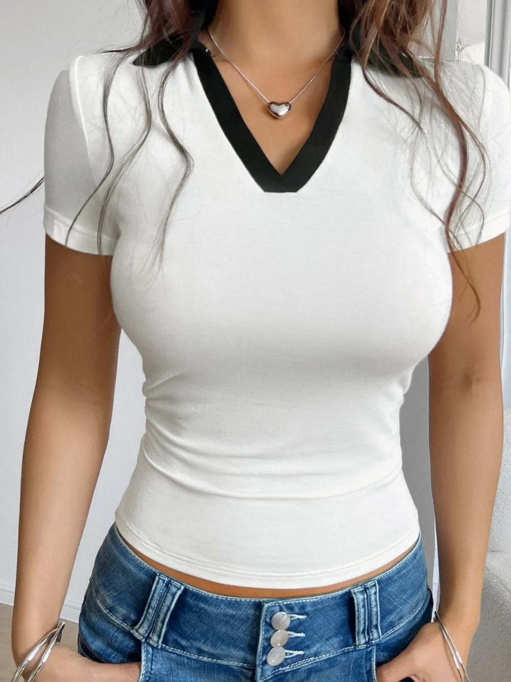 Contrast Trim Johnny Collar Short Sleeve T-Shirt, image 5