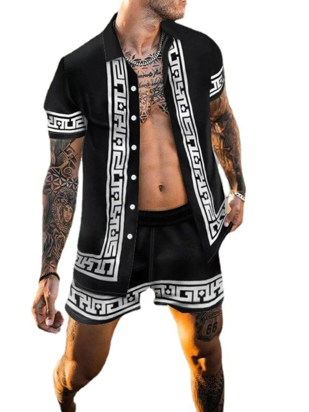 Men's Full Size Printed Button Up Top and Shorts Set Plus Size, image 4