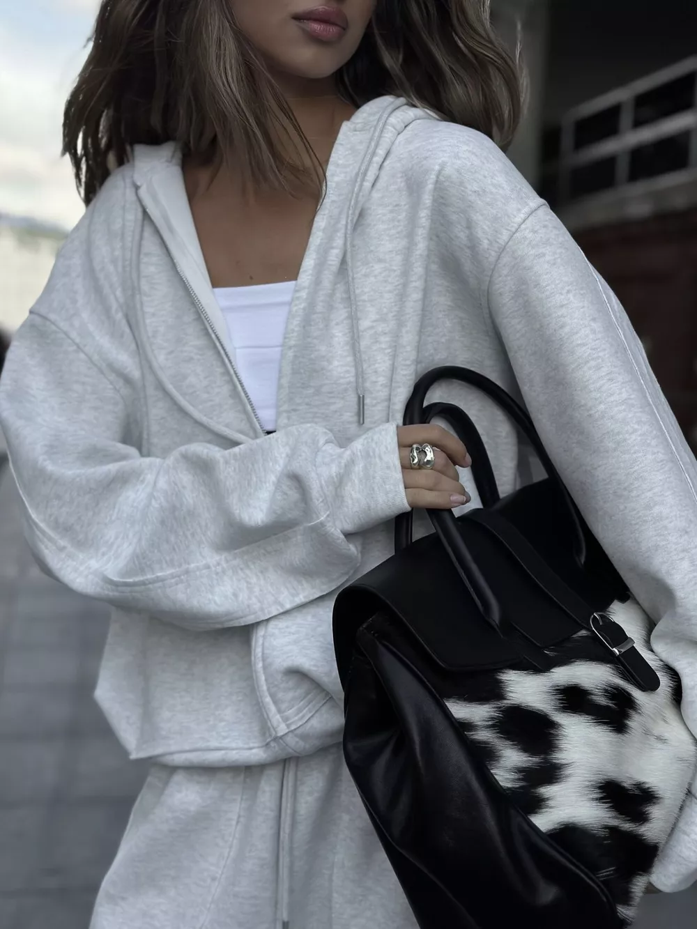 Oversized Zip-Up Hoodie and Wide-Leg Pants Set, image 5