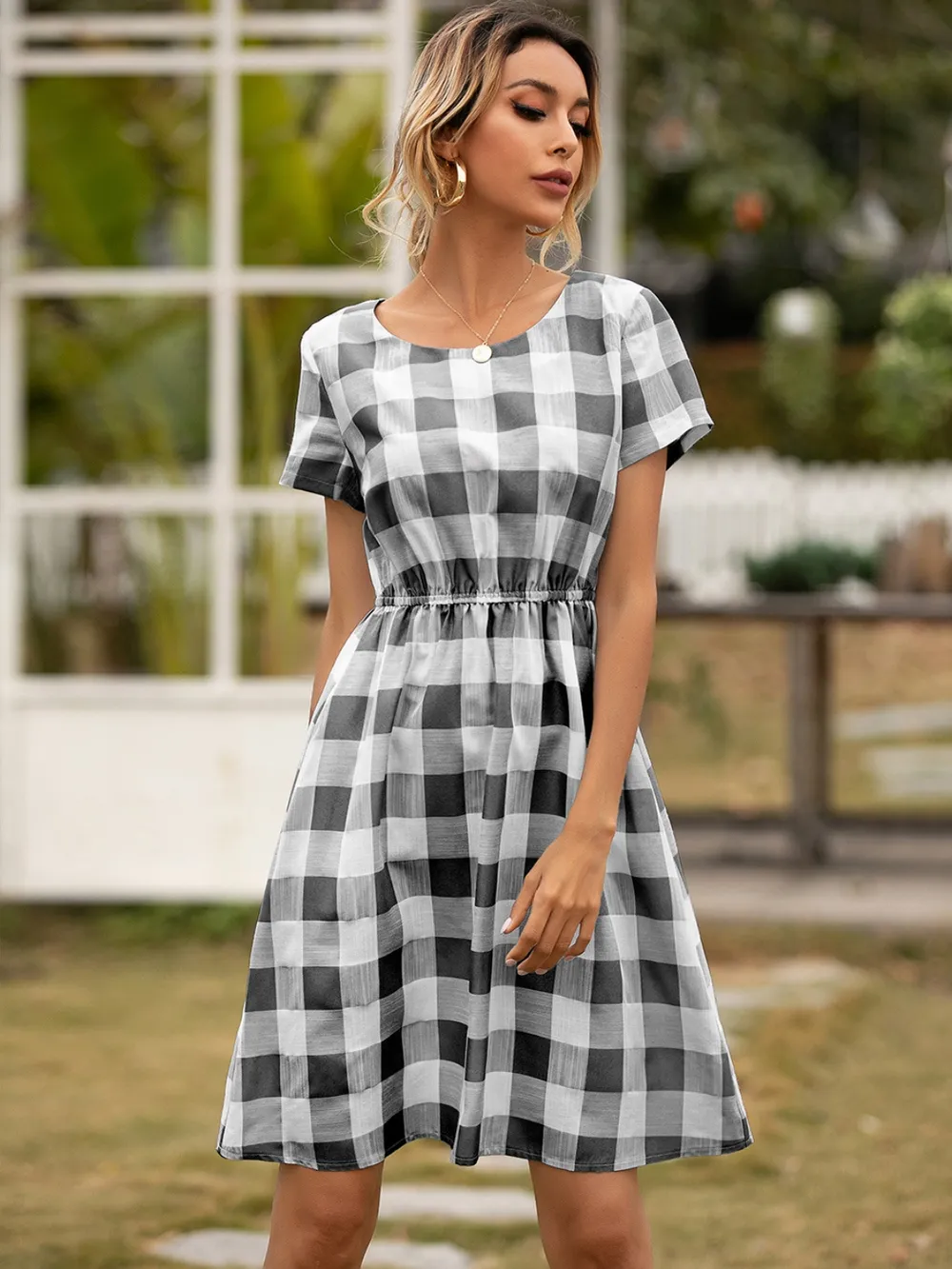 Smocked Plaid Round Neck Short Sleeve Dress, image 8