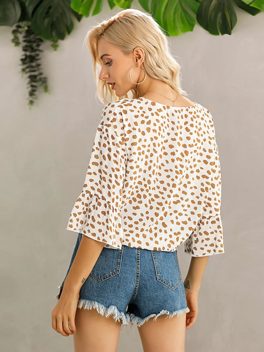 Tied Printed Button Up V-Neck Blouse, image 6