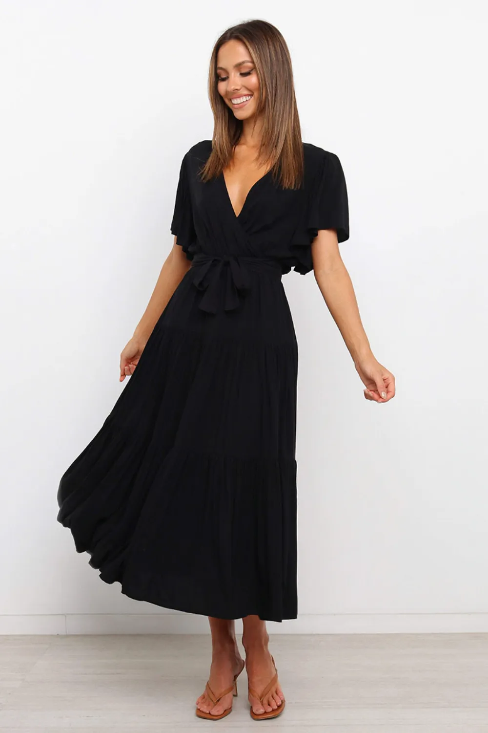 Front Tie Short Sleeve Tiered Midi Dress, image 4