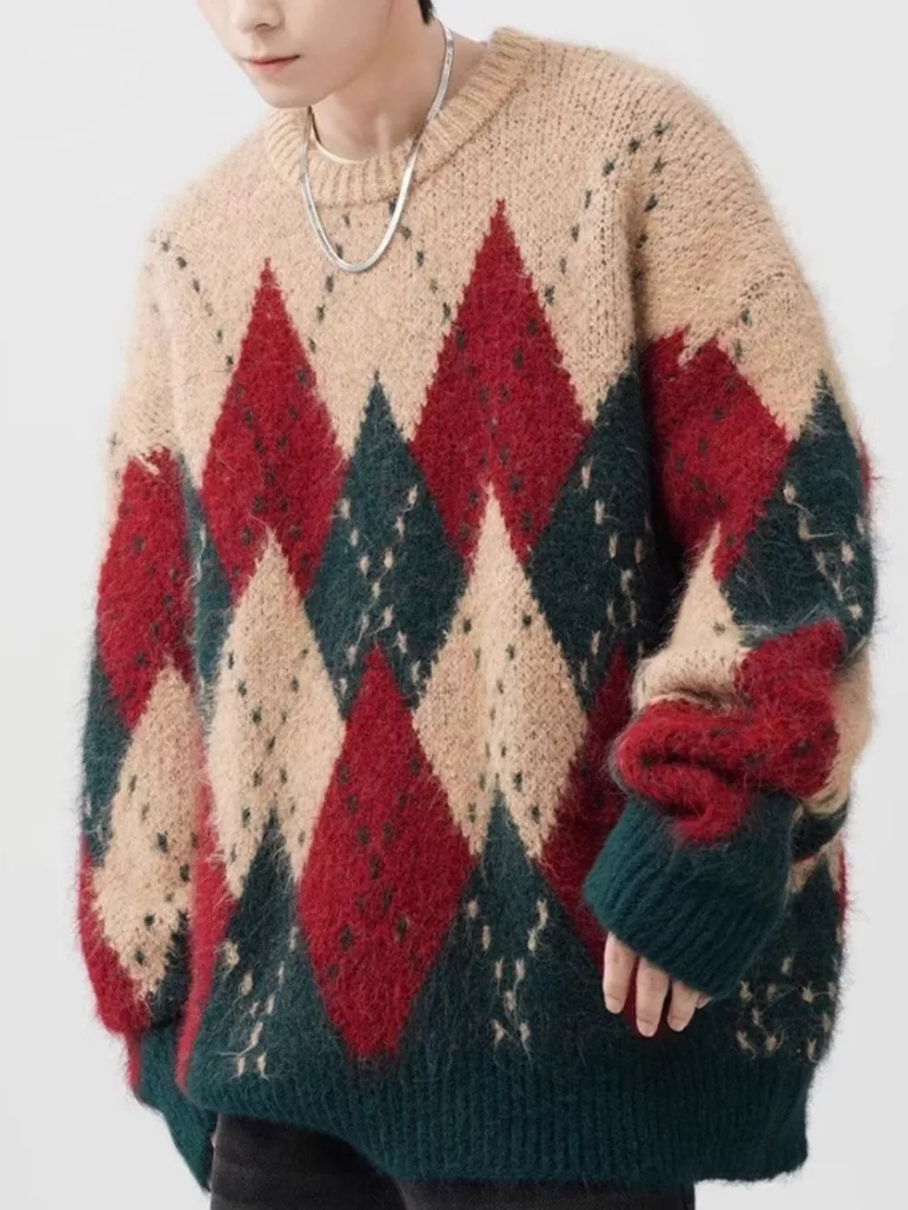 Men's Plus Size Argyle Knit Round Neck Sweater, image 3