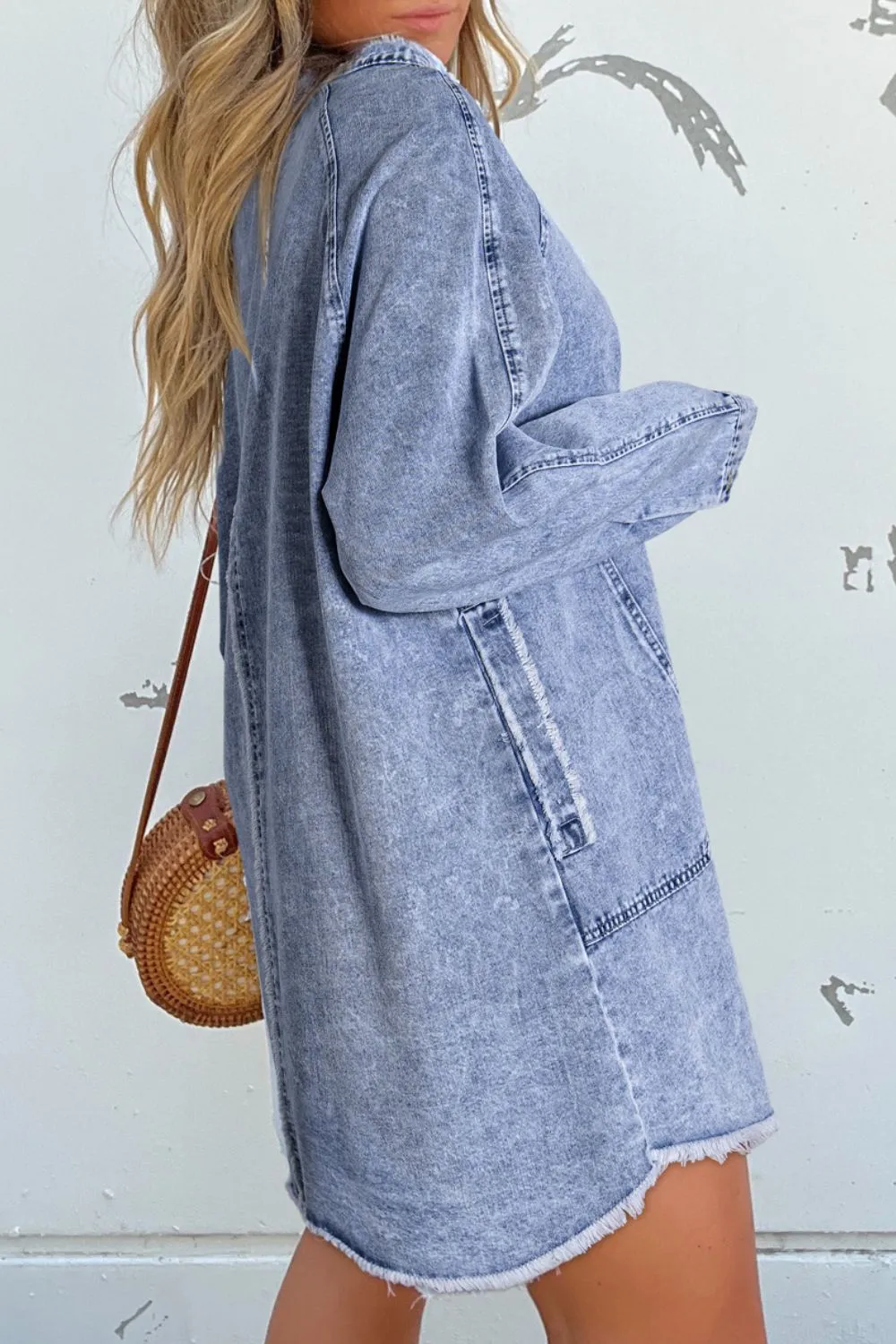Raw Hem Button Down Long Sleeve Denim Dress, image 3