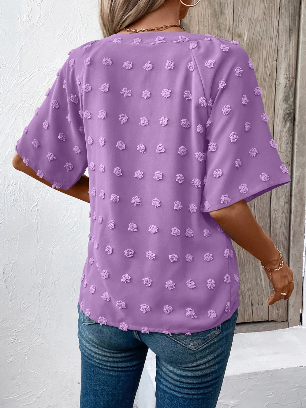 Swiss Dot Notched Half Sleeve Blouse, image 4