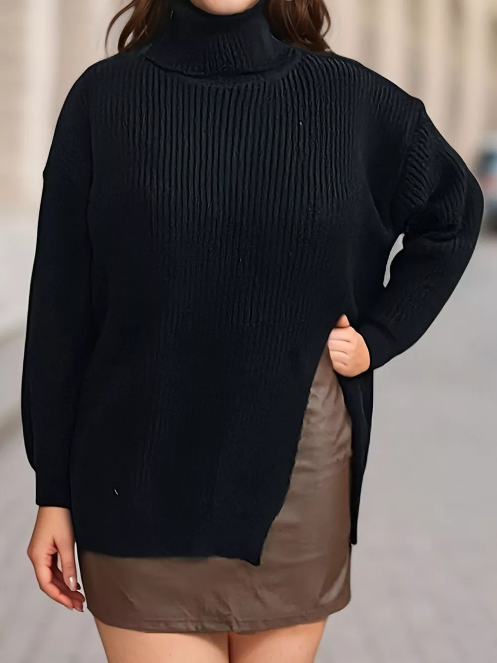 Plus Size Side Slit Ribbed Turtleneck Sweater, image 3