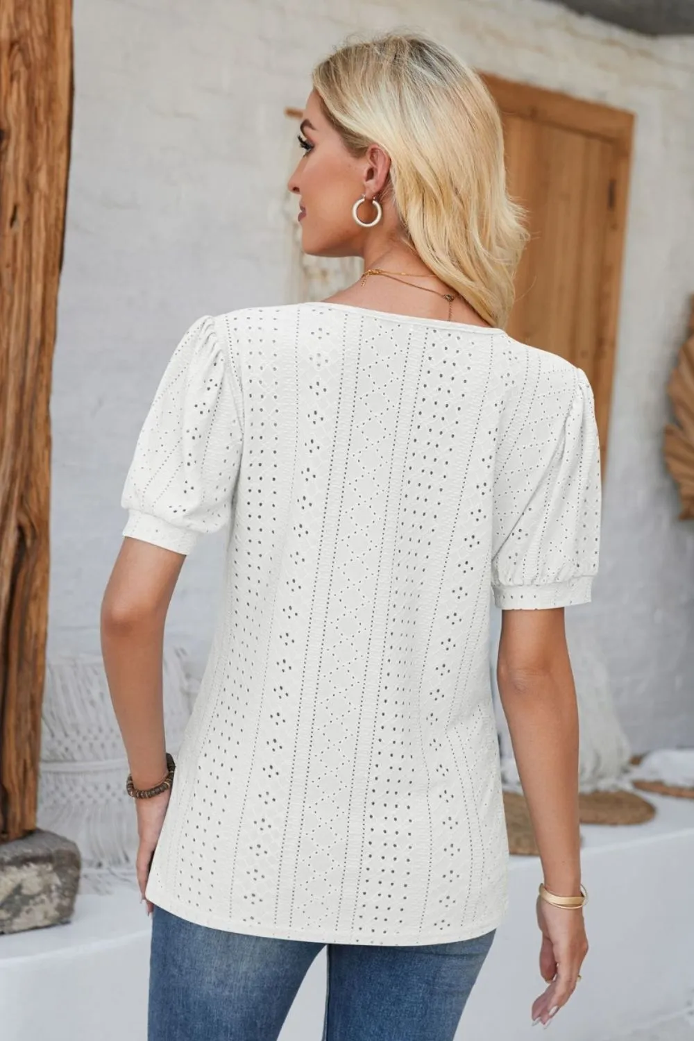 Eyelet Round Neck Short Sleeve Blouse, image 10