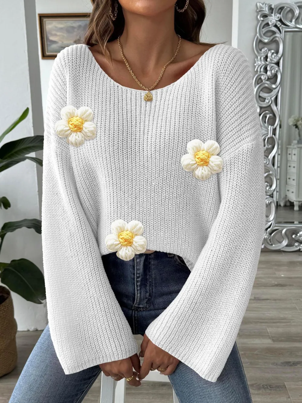 Flower Round Neck Long Sleeve Sweater, image 8