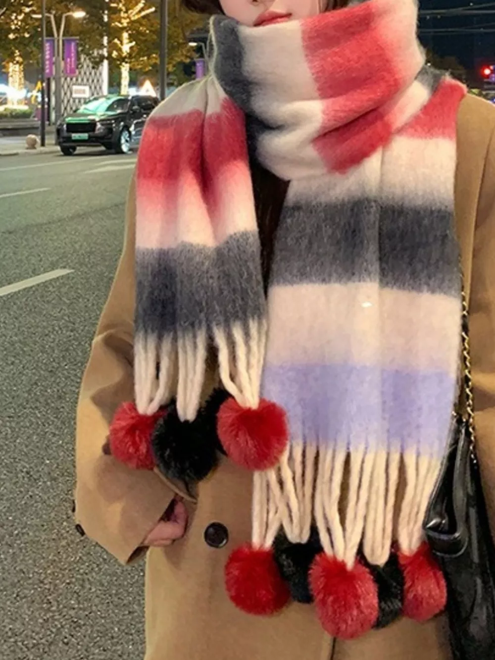 Striped Scarf with Pom-Poms, image 7