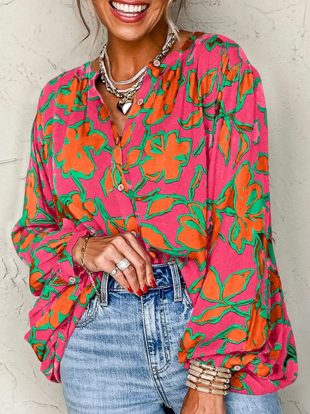 Floral Print Batwing Sleeve Buttoned Loose Fit Shirt, image 2