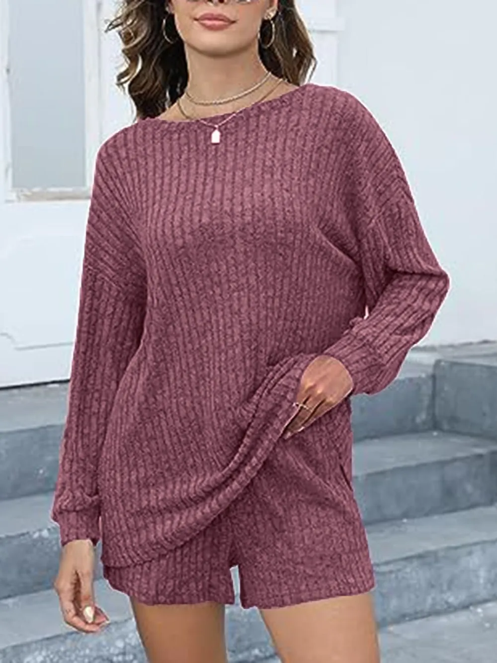 Round Neck Dropped Shoulder Top and Shorts Set, image 2
