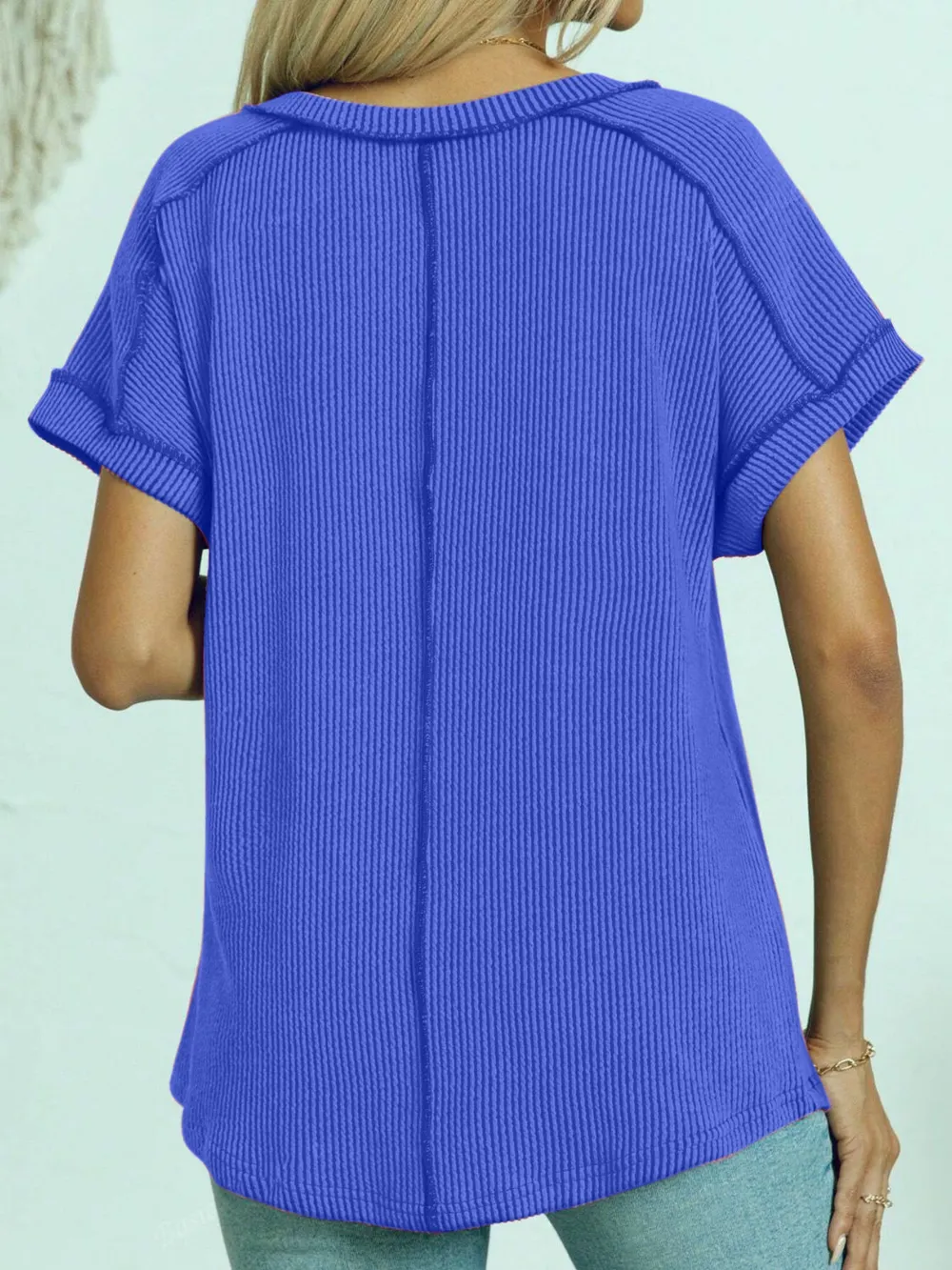 Exposed Seam V-Neck Short Sleeve Top, image 12