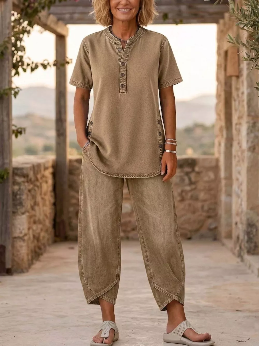 Full Size Casual Half-Button Top and Cropped Pants Denim Set Plus Size, image 5