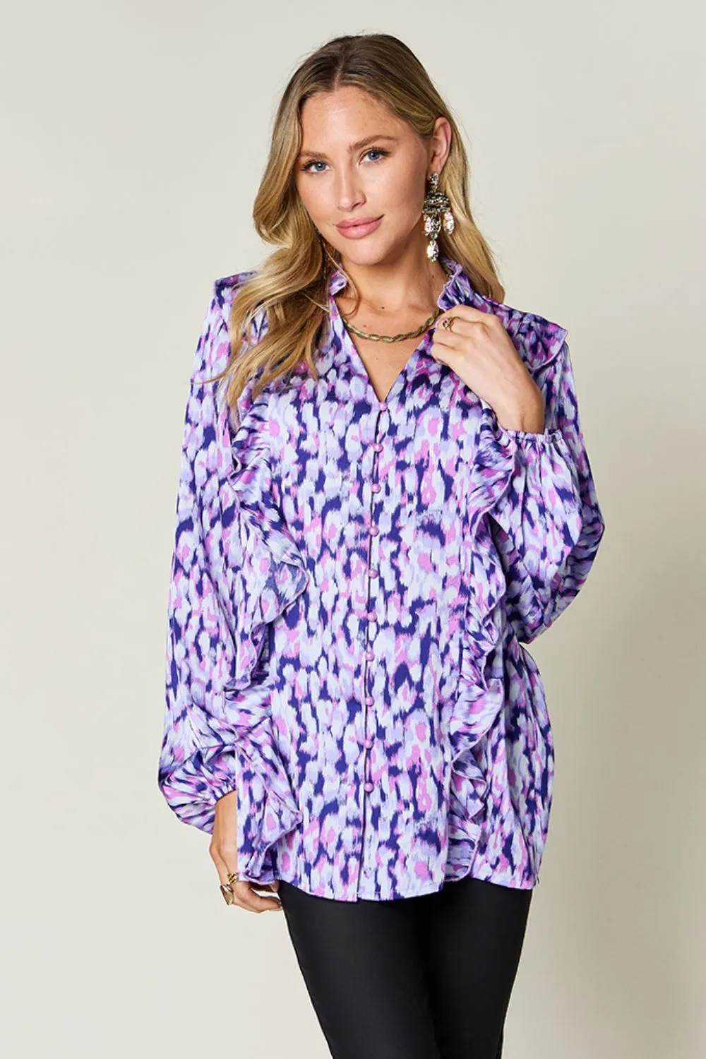 Full Size Printed Ruffle Trim Balloon Sleeve Shirt, image 7