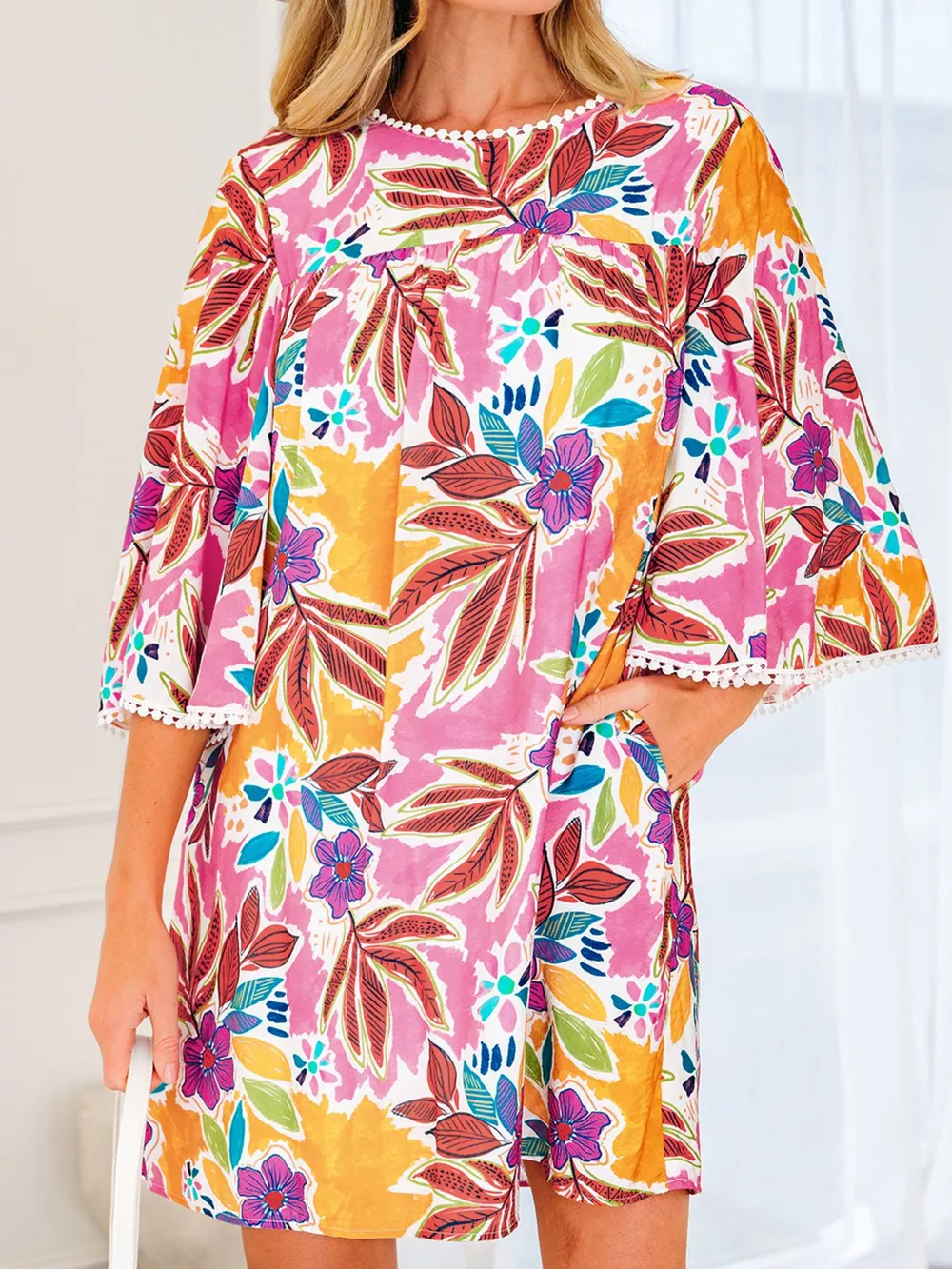 Floral Print Lace Trimmed Tie Back Bell Sleeve Swing Mini Dress, image 3