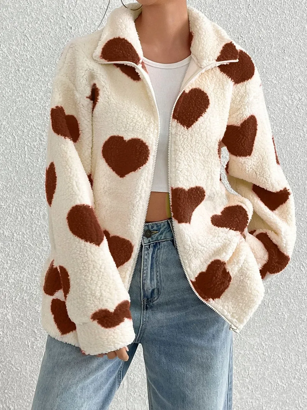 Heart Zip Up Drop Shoulder Furry Jacket, image 5