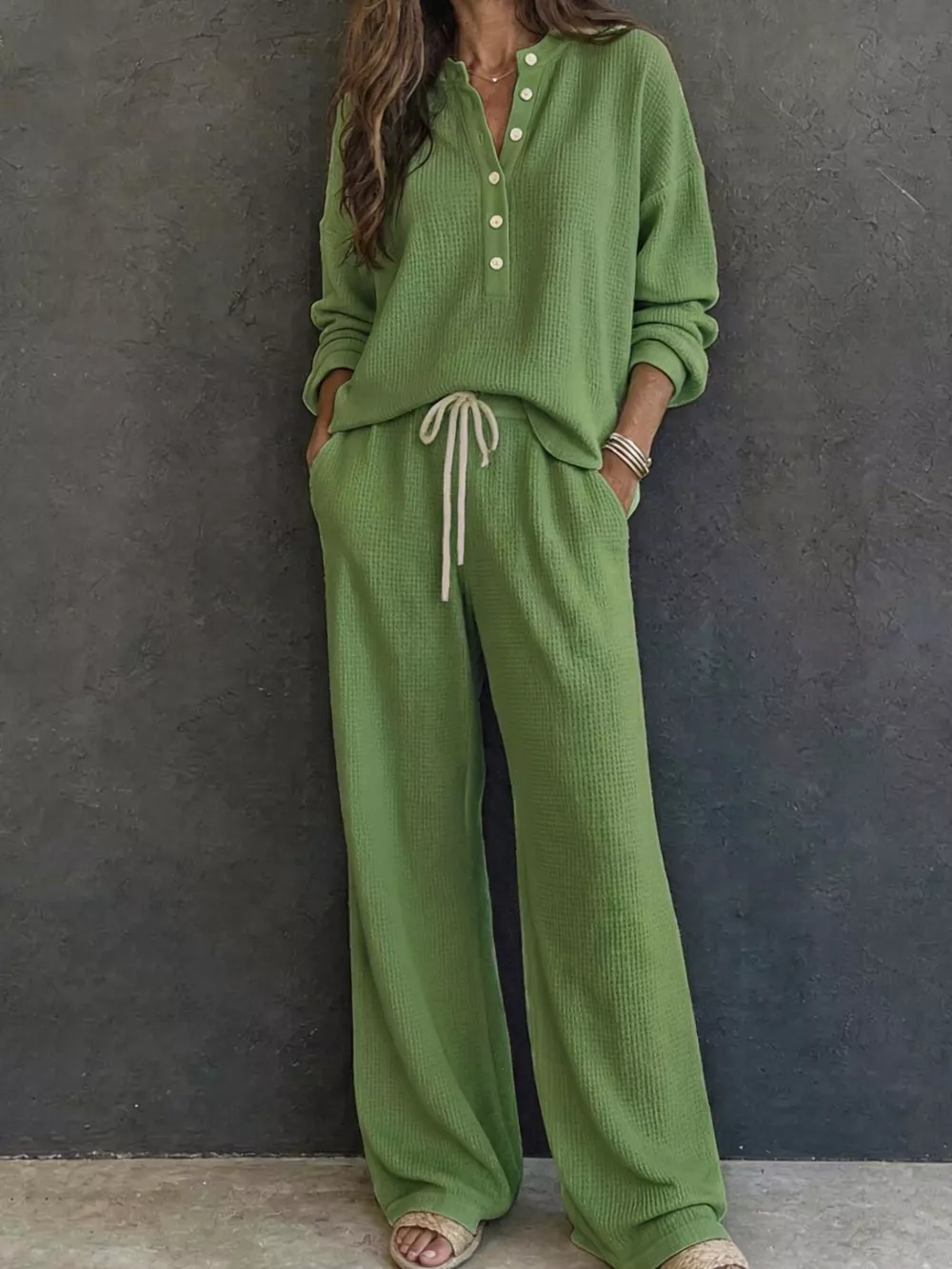 Waffle Knit Henley Top and Wide Leg Pants Set, image 13