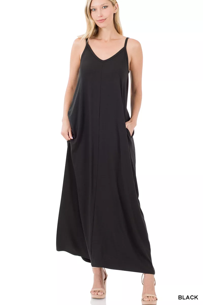 V-Neck Cami Maxi Dress with Side Pockets