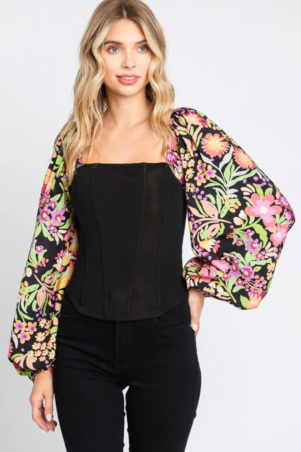 Full Size Floral Balloon Sleeve Blouse, image 2