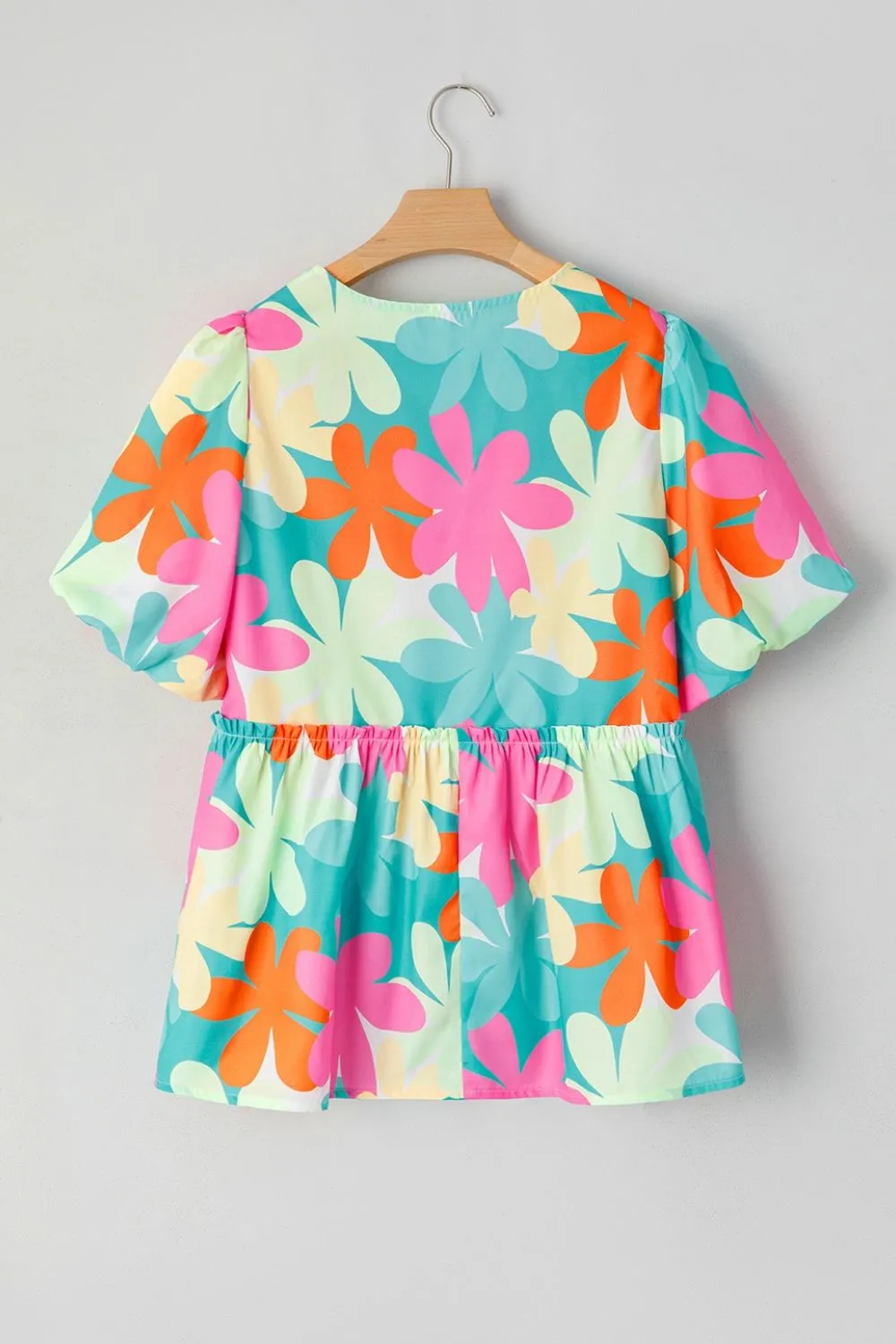 Floral Print Bubble Sleeve V Neck Peplum Blouse, image 4